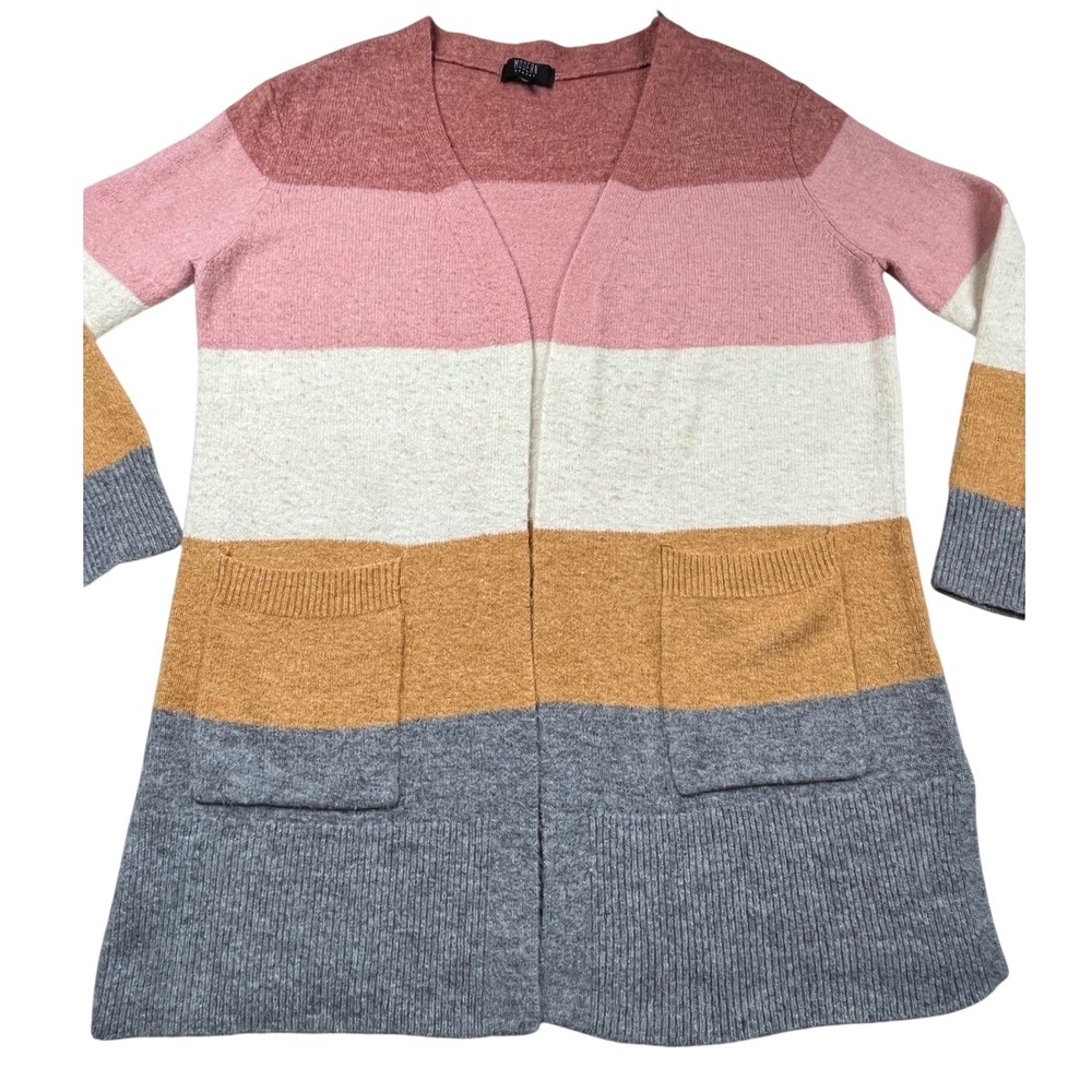 Modern Canvas Pink Striped Open Front Cardigan Sweater Womens Medium‎ Pockets